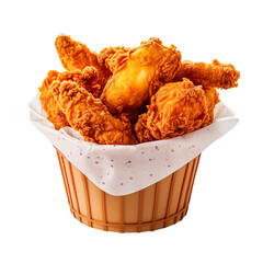 Fried chicken in paper bucket isolated on transparent and white background
