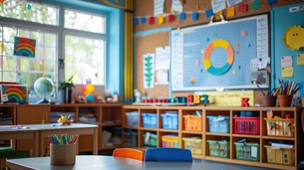 A detailed view of a parent-teacher meeting setup with visual aids, charts, and reports on display, featuring a clean background and lots of copy space for meeting content and visuals.