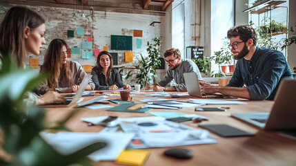 Busy open office with colleagues in an intense brainstorming session, documents on table in a bright modern workspace

