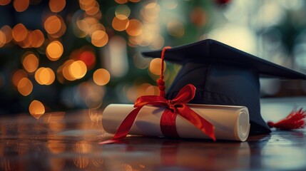 A close-up of a graduation cap and diploma on a table, with a minimalist background and plenty of copy space for text and congratulatory messages.