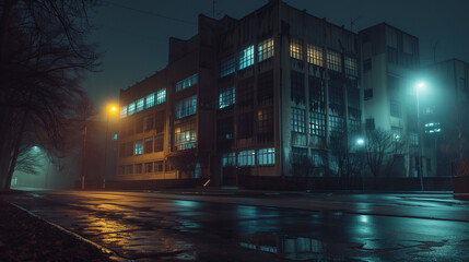 An eerie industrial building illuminated at night with misty fog and streetlights reflecting off the wet pavement on a quiet street