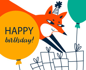 Happy fox jumping on gifts. Gift boxes, balloons and congratulations. Vector illustration