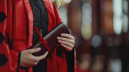 A close-up of a graduateâ€™s hand holding their diploma and cap, with a minimalist background and plenty of copy space for text and congratulatory captions.