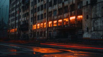 Fototapeta premium An old, weathered building illuminated by glowing orange windows at dusk, with light streaks of passing vehicles on a wet street
