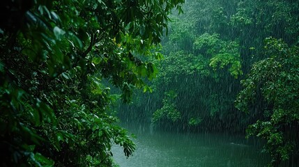 Lush Green Forest with Heavy Rain and River