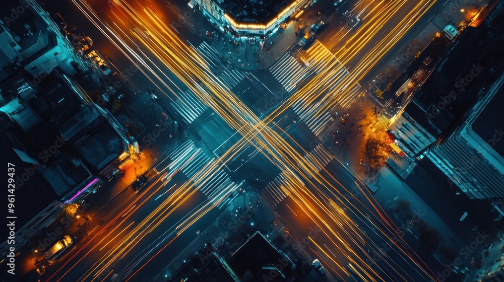 Poster Aerial view of a bustling urban intersection with vibrant light trails.