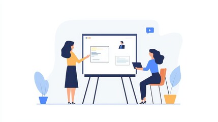 Businesswomen Presenting Data on Whiteboard with Laptop and Play Button