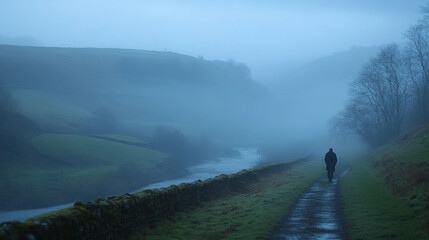 Obraz premium A man walks down a path in the fog. The sky is overcast and the air is damp