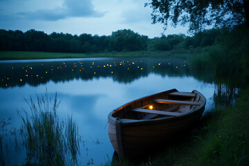Obraz premium A small boat sits on the water with a light on it. The scene is peaceful and serene, with the boat reflecting the light on the water
