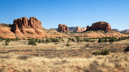 Fototapeta premium A dramatic view of red rock formations and cliffs in a desert landscape, with clear skies and sparse vegetation.