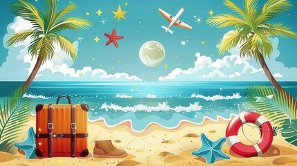 Obraz premium An infographic showing tips for a successful summer vacation (planning, budgeting, packing), with icons for each tip and ample copy space for details.