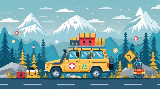 An infographic illustrating essential road trip safety tips (vehicle maintenance, emergency kit, road rules), with icons for each tip and ample copy space for details.