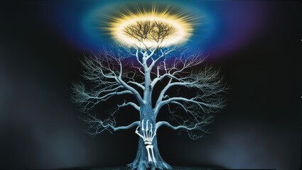 Mystical Tree with Skeleton Hand Reaching for Light