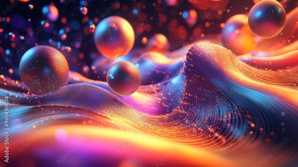 Poster a dynamic 3d abstract design with multicolor spheres and waves, creating a futuristic and vibrant vi