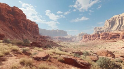A dramatic view of red rock formations and cliffs in a desert landscape, with clear skies and sparse vegetation.
