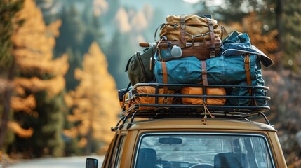 A detailed view of a road trip vehicle with a roof rack loaded with gear and luggage, featuring a clean background and lots of copy space for travel plans.