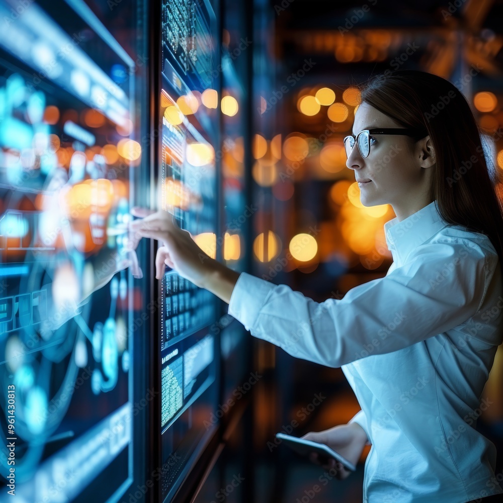 Poster female data scientist analyzing interactive screen visualizations in a technological center.