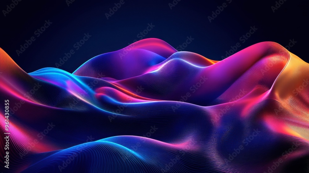 Poster a dynamic 3d abstract design with multicolored waves and flowing lines, set against a dark, futurist