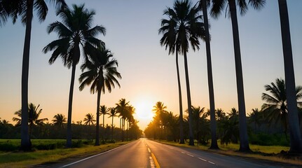 Palm Trees Line a Road at Sunset