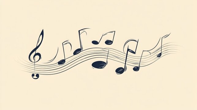 Minimalist musical notes drawn in a single continuous line on a stave. Abstract, wave-like melody in a linear style. Vector outline of a musical symbol. Simple, single-line illustration of sound. 