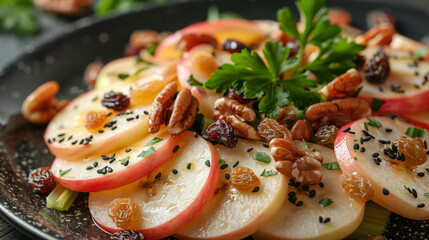 A fresh apple and celery salad with crisp apple slices, chopped celery, crunchy walnuts, and raisins, tossed in a lemon juice and Greek yogurt dressing