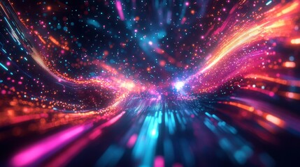 Naklejka premium A dynamic 3D abstract scene with multicolored particles and light trails, creating a mesmerizing digital landscape.