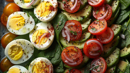 A fresh avocado and egg salad with ripe avocado slices, halved boiled eggs, spinach, cherry tomatoes, and red onion, tossed in lemon juice and olive oil