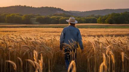 Woman in a Hat Walking Through a Field of Wheat at Sunset