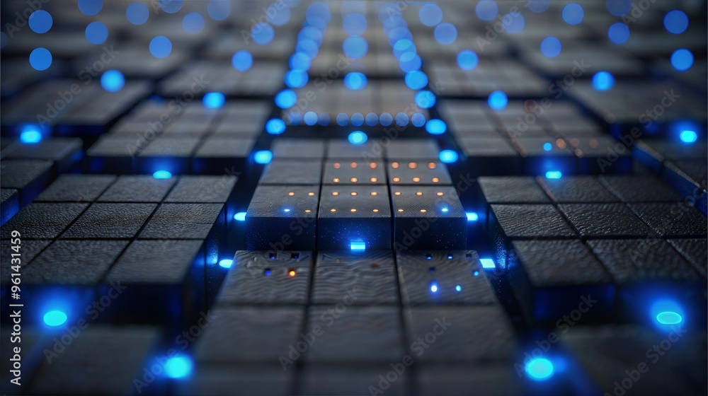 Poster futuristic digital blocks with blue lights in a grid pattern representing advanced technology and da