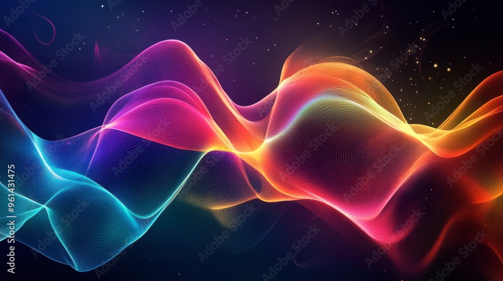Poster a dynamic 3d abstract design with multicolored waves and flowing lines, set against a dark, futurist