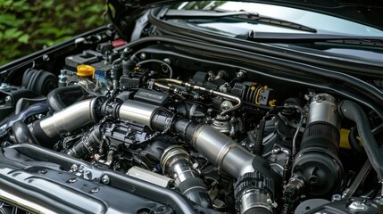 Fototapeta premium Closeup of a Modern Car Engine Bay with Turbocharger