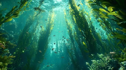 Fototapeta premium A fascinating undersea view of a kelp forest, with tall kelp swaying in the current and fish swimming through the green foliage.