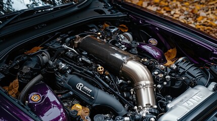 Fototapeta premium Purple Sports Car Engine Bay Closeup with Carbon Fiber Intake