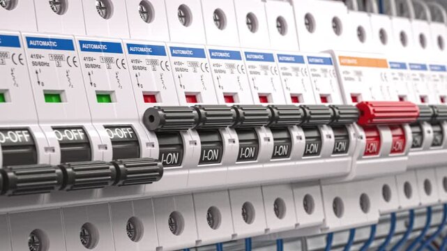 Electrical circuit breakers in fuse box. Electricity power switch on off. 3d animation