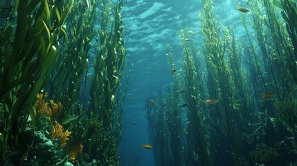 A fascinating undersea view of a kelp forest, with tall kelp swaying in the current and fish swimming through the green foliage.