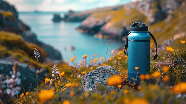 A close-up of a reusable water bottle and eco-friendly travel gear on a scenic eco-tour location, with a minimalist background and plenty of copy space for sustainability tips.