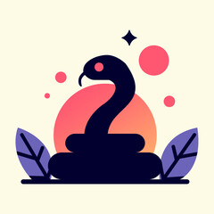 Abstract snake silhouette. Boho style. Shapes, sun, stars and botanical elements. Isolated colorful serpent in flat style for logo or icon.