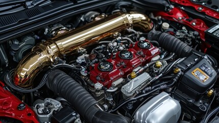 Fototapeta premium Closeup of a Shiny Gold Engine with Red Cover