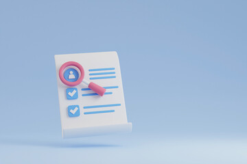 3d rendering illustration of resume icon and magnifying glass on light blue background