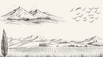 Fototapeta premium Hand Drawn Landscape with Mountains Vines Trees and Birds