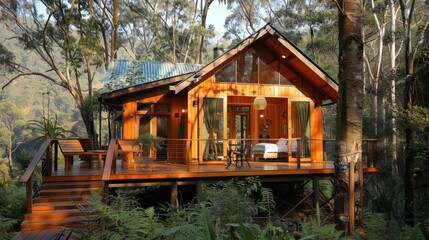 A detailed view of an eco-friendly accommodation such as a treehouse or solar-powered lodge, featuring a clean background and lots of copy space for lodging information.