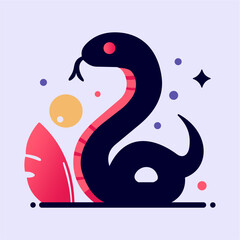 Abstract snake silhouette. Boho style. Sun, stars and leafs elements. Isolated colorful serpent in flat style for logo or icon.