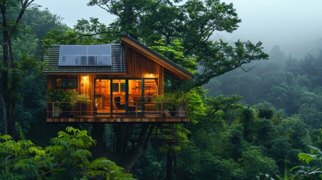A detailed view of an eco-friendly accommodation such as a treehouse or solar-powered lodge, featuring a clean background and lots of copy space for lodging information.