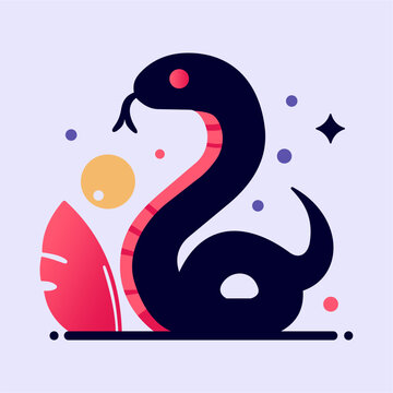 Abstract snake silhouette. Boho style. Sun, stars and leafs elements. Isolated colorful serpent in flat style for logo or icon.