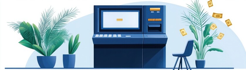 Illustration of an ATM machine surrounded by plants with flying money and a chair in a modern, clean setting.