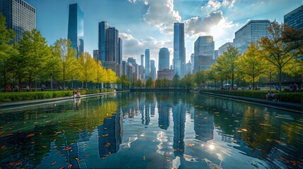 Fototapeta premium Urban Skyline Reflection in Tranquil Park Pond during Autumn Day in Downtown Cityscape