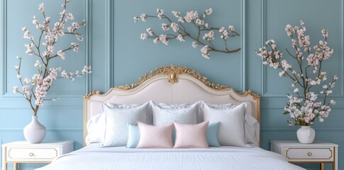 An intricate Chinoiserie headboard adorned with gold leaf embellishments, set against a soft pastel wall, exemplifying furniture opulence and elegant design.