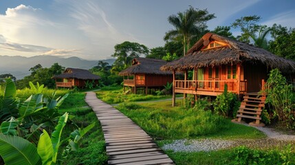 A vibrant image of a clean and sustainable eco-resort in a remote natural setting, with a clean background and ample copy space for resort details and eco-friendly practices.