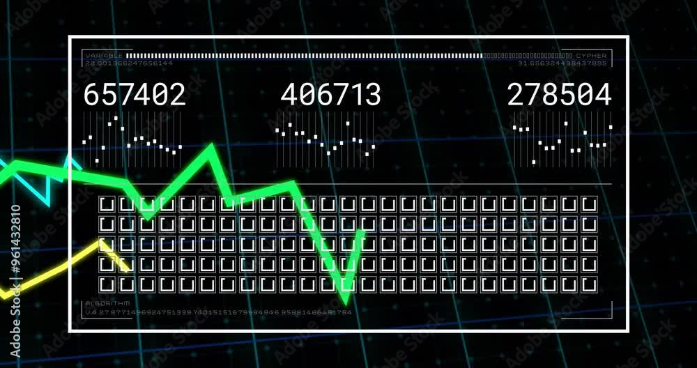 Poster green line graph and binary code animation over digital grid background