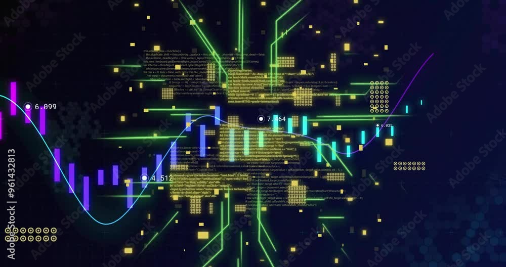 Poster programming code and financial graphs, data analysis animation over dark background